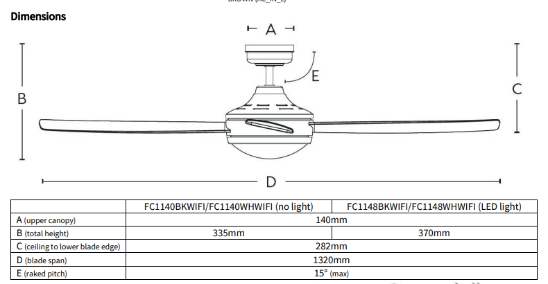 Mercator IKUU Smart Ceiling Fan- Anova FC1140 - Size