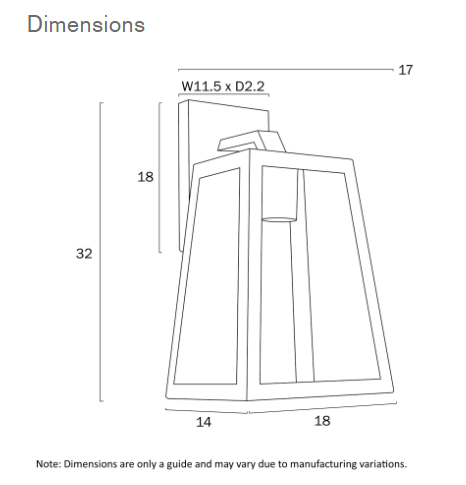 Telbix Cosca 180 Exterior Wall Light - Dimensions