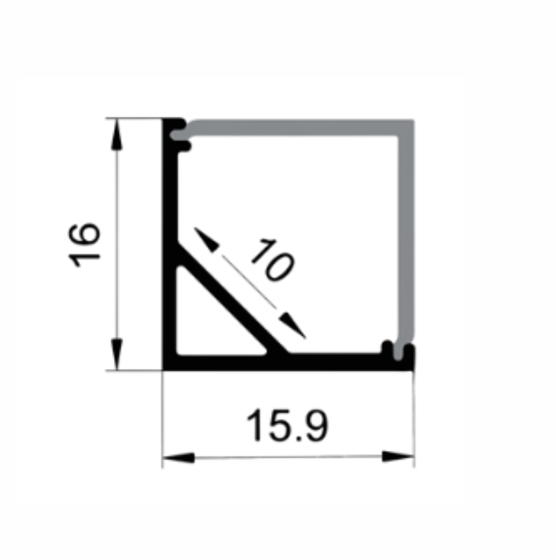 EXT-005 Corner Mounted Aluminium Extrusion - Silver with Opal diffuser - dimensions
