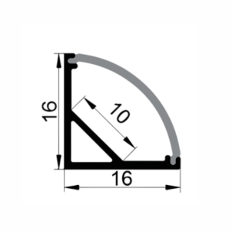 EXT-006 Corner Mounted Aluminium Extrusion - Silver with Opal diffuser - dimensions