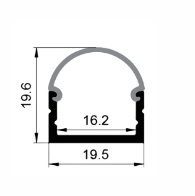 EXT-010 Aluminium Extrusion - Silver with Opal diffuser - dimensions