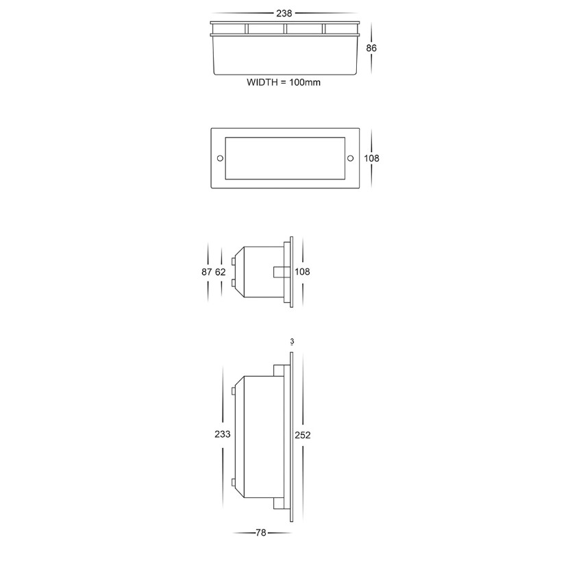 HV3003T Plain Brick Light - 316SS Face Plate - dimensions