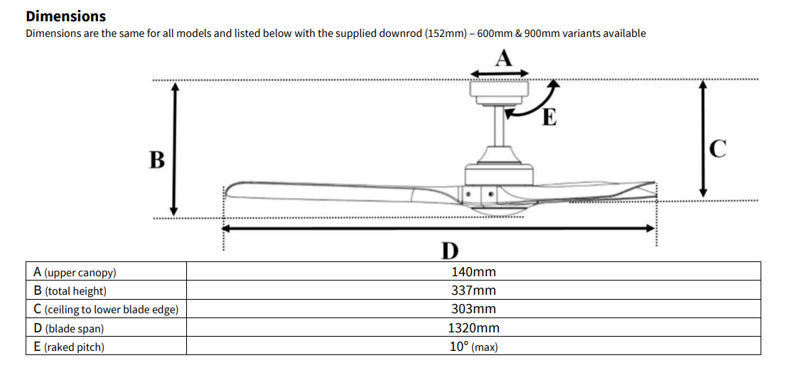 Mercator IKUU Minota 52inch DC Ceiling Fan - size