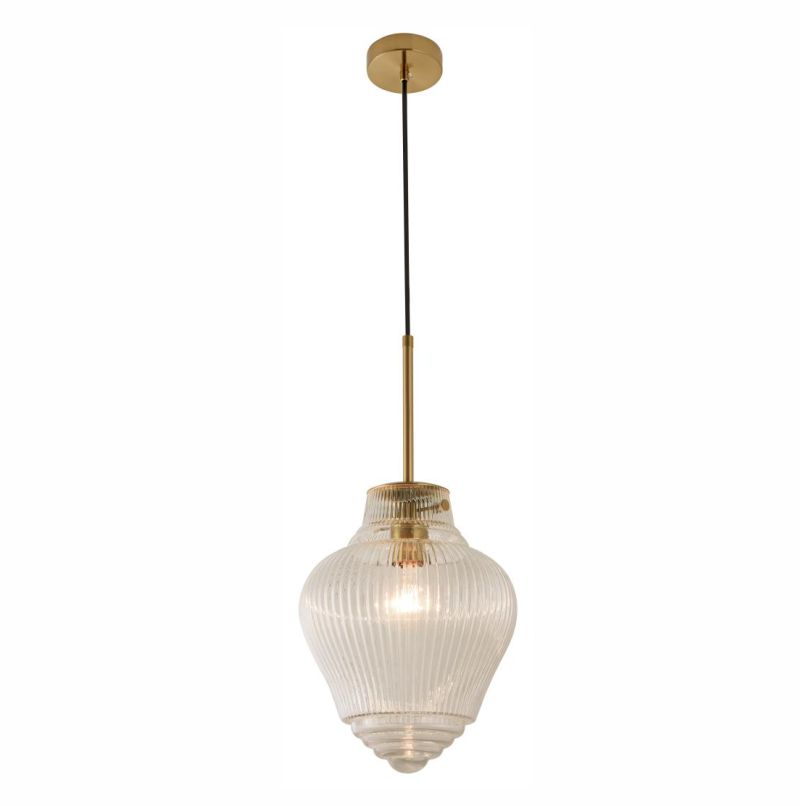 Lode Lighting Ridge 1 Light Satin Brass Pendant - Ribbed Glass - full