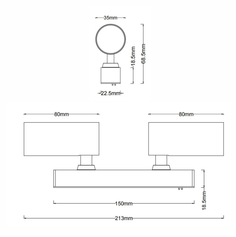 Magnetic Track Spot 35 Double adjustable spotlight head - Dimensions