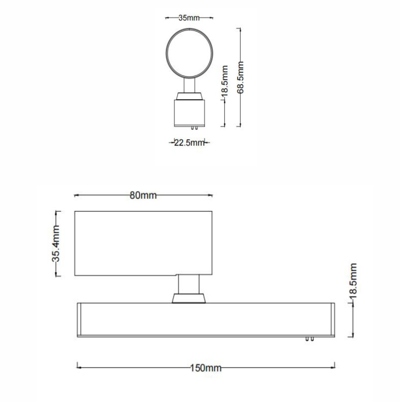 Magnetic Track Spot 35 Single adjustable spotlight head - Dimensions