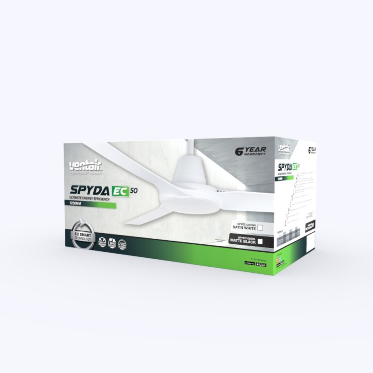 Ventair Spyda 50" EC Ceiling Fan White - With Light